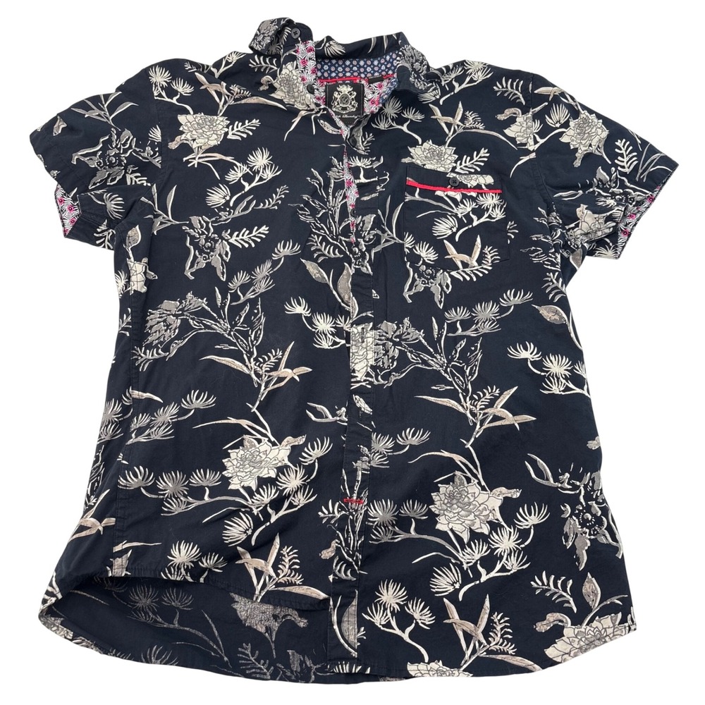 English Laundry Mens Black Floral Short Sleeve Button Down Cotton Shirt Large
